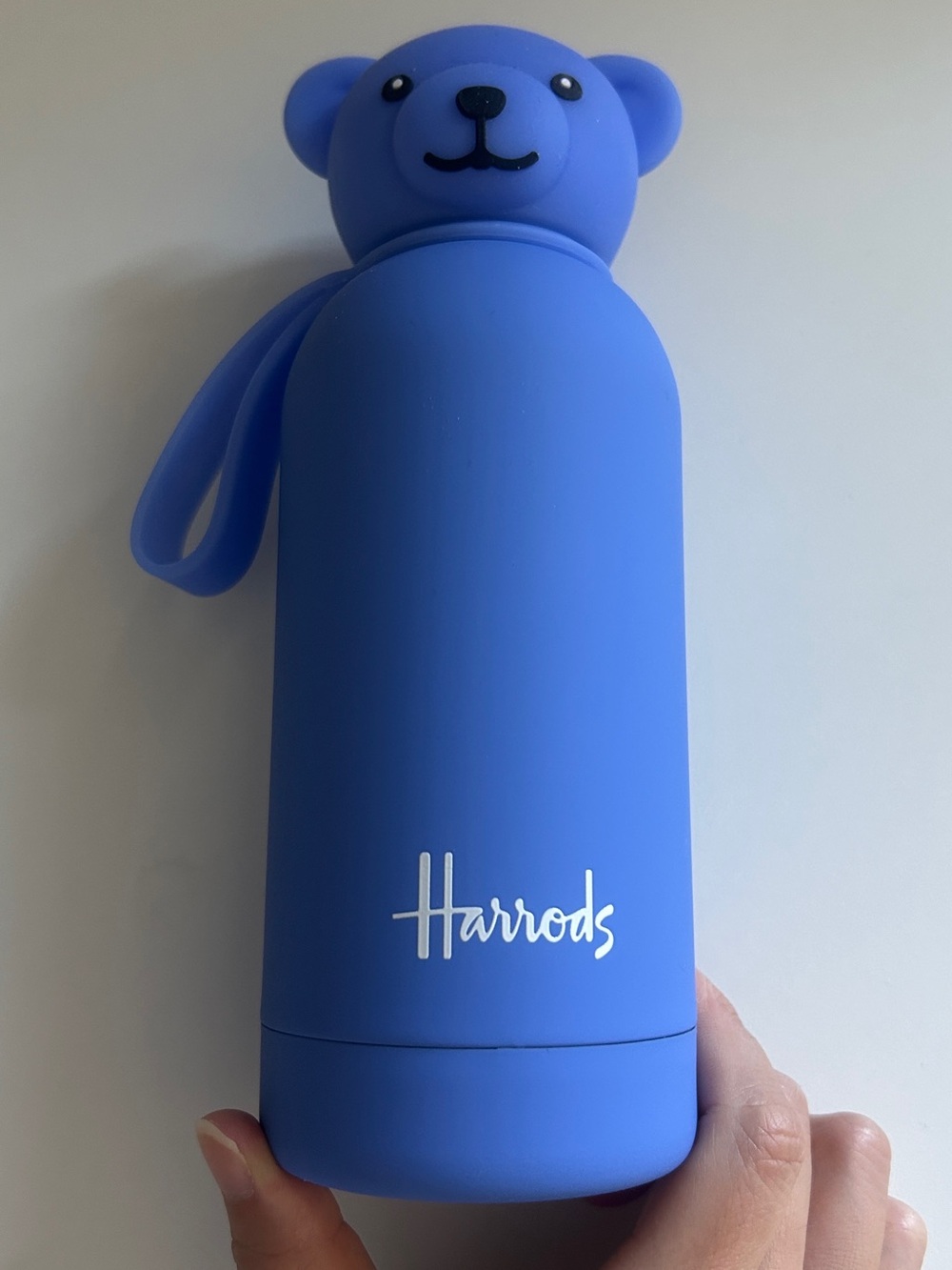 NEW Harrods UK London Blue Silicone Bear Water Bottle Wrist Strap Periwinkle